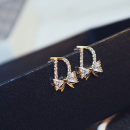 D-letter Brand Stud Earrings Plated 18k Gold Micro Set Zircon Bow Knot High end Earrings Korean Style Fashion and Sweet Women Earrings Jewelry Valentine's Day Gift spc