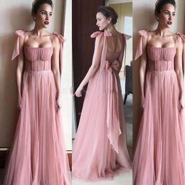 Dusty Pink Prom Dresses Chiffon Spaghetti Bodice Evening Gowns Back Covered Buttons Cheap Floor Length Formal Party Dress 2019