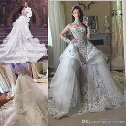 Lace Beaded Dresses High Neck Illusion Long Sleeves Bridal Gowns Tiered Overskirts Saudi Sheer Back Wedding Vestidos 0505