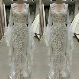 stylish mermaid wedding dresses lace appliqued beaded bateau neck long sleeve bridal dress sweep train wedding gowns
