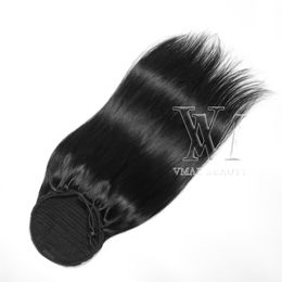 Natural Straight #1 14 to 26 inch 140g Double Drawn Unprocessed Human Virgin Hair Extension horsetail tight hole Clip In Drawstring Ponytail VMAE