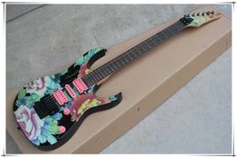 Peony Pattern 24 Frets Black Hardware Electric Guitar with Tremolo Bridge,HSH Pickups,can be customized