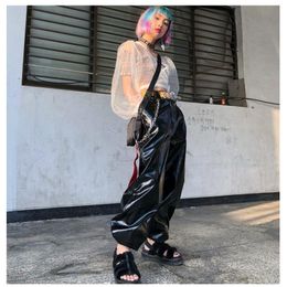 Cool Girls PU Leather Pants High Waist Chic Loose Pocket Trousers Casual Metal Chain Cargo Pants Fashion Moto-style Streetwear