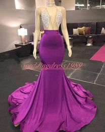 Real Picture Beads Crystal Mermaid African Prom Dresses Sexy Deep V-Neck Sheer Evening Robe De Soire Plus Size Party African Formal Gowns