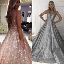 Gorgeous Rose Gold Silver Sequined A Line Evening Dresses V Neck Sparkling Backless Formal Dress Prom Party Dresses Robe De Soiree Vestidos