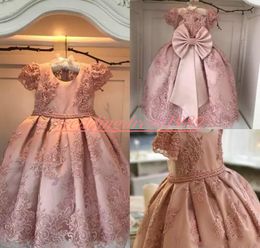 Princess Beads Lace Flower Girls' Dresses Bow Capped 2020 Girls Birthday Formal Gowns First Communion Dresses Kids Tutu Pageant For Wedding