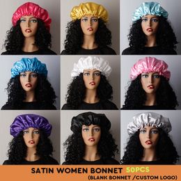 CUSTOM 50pcs Women Satin Bonnet High Elastic Hair Cover Comfortable Night Sleep Bonnet Ladies Soft Satin Hat Hair Bonnets