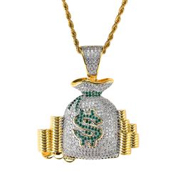 Wholesale- Hip Hop Money Bag $ Pendant Copper Micro pave with CZ stones Necklace Jewelry for men and women CN003