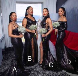 2019 Sexy Sparkly Mermaid Sequins Bridesmaid Dresses Black Sequined Side Split Backless Sweep Train Wedding Guest Maid of Honour Gowns