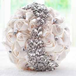 Hot Sale Satin Rose Bridal Wedding Bouquet Wedding Decoration Crystals Artificial Flower Bridesmaid Bridal Hand Holding Brooch Flowers