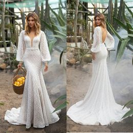 Elegant Mermaid Wedding Dresses V-neck Long Sleeve Full Lace Satin Boho Bridal Dress Sexy Backless Sweep Train Cheap Robes De Mariée