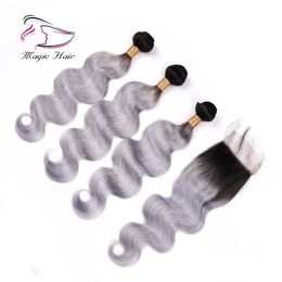 Evermagic Body Wave Ombre Colour T1B/Grey T1B/Gray T1B/Sliver 3pieces Bundles With 1piece Closure 10-20inches human hair extension