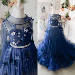 Navy Blue Pageant Dress High-neck Long Sleeve Feather Crystal Applique Beaded Flower Girls Dress Tulle Custom Made Sweep Train Party Gown