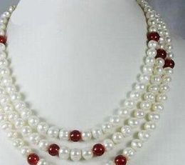 Exquisite 3Rows 7-8mm White Akoya Pearl and Red Ruby Necklace 17-19''