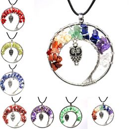 Fashion Women Rainbow 7 Chakra Tree Of Life Pendant Necklace Quartz owl Multicolor Natural Stone Wisdom Necklaces Jewellery