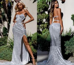 Sexy Split Long Evening Dresses Silver Sequins Backless Holiday Wear Formal Party Prom Gowns Plus Size