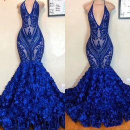 Sexy Floral Ruffles Royal Blue Mermaid Prom Dresses 2019 Sequins Lace Appliques Halter Evening Party Gowns