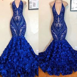 Floral Sexy Bruffles Royal Blue Mermaid Prom Dresses Liginas Apliques de renda de Halter