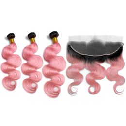 #1B/Pink Ombre Body Wave Hair Bundles with Frontal Ombre Pink Indian Human Hair Wefts Body Wavy 3Bundles with 13x4 Lace Frontal Closure