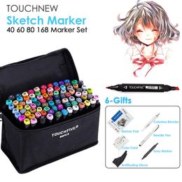 TOUCHNEW Marker Pen 40/60/80/168 Colour Set Drawing Sketch Marker Alcohol Based Black Body Art Supplies With 6 Gifts Hot Sale C18112001