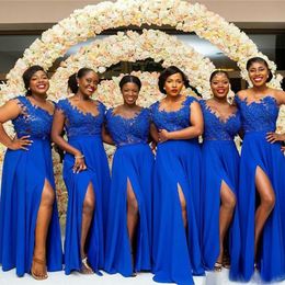 Royal Blue Beaded Lace Bridesmaid Dresses A Line Sheer Bateau Neck Country Maid Of Honor Gowns Floor Length Side Split Wedding Guest Dress