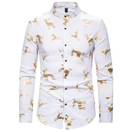 Wholesale-Men's Mandarin Collar Dress Shirts Hipster Gold Elk Foil Print Christmas Shirt Men Slim Fit Long Sleeve Tuxedo Shirt Male Camisa