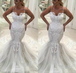 2019 Mermaid Wedding Dresses Spaghetti Sweep Train Appliques Custom Made Country Wedding Dress Plus Size Lace Bridal Gowns