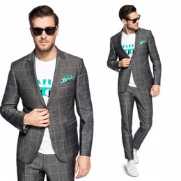 2020 Fashion Mens Suits Custom Made Wedding Tuxedos Glen Plaid Two-Button Peaked Lapel Groom Wear Casual Business Suit Jacket+Pants