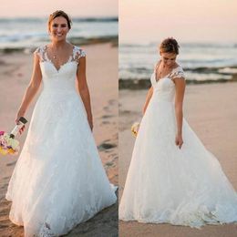 Stunning Country Lace Wedding Dresses Ball V-Neck Capped Spring Applique Plus Size Outdoor robe de mariée Bridal Gown For Bride Custom