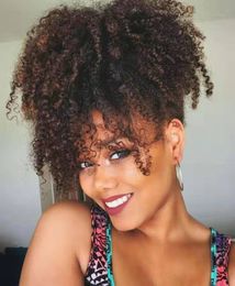 Brown Afro Kinky Curly Fluffy Scrunchy Hairpiece Puff Ponytail Hair Bun Extensions with Elastic Drawstring Clips for African American 120g