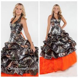 Halter Camo Camouflage Wedding Gowns Orange Tulle Skirt Real Tree Bridal Gown Custom Lace Up Back Draped Wedding Vestidos