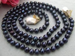 Beautiful 7-8mm black freshwater cultured pearl White baroque pearls necklace 112 cm fashion Jewellery