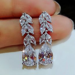 Fashion Female Crystal Leaf Drop Sterling Sier White Diamond Boho Wedding Jewelry Long Dangle Earrings