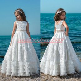 Newest Lace Tiers Floral Girls Pageant Dress Princess Girl Birthday Gowns Kids Formal Party Wear Flower Girls Dresses First Communion Dress