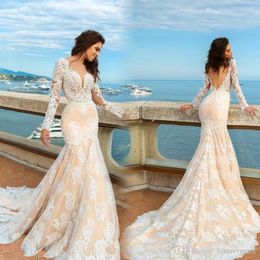 2019 Mermaid Long Sleeve Full Lace Wedding Dress Western Applique Summer Beach Backless Bridal Gown Plus Size Custom Made