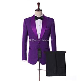 Real Picture Side Vent One Button Purple Paisley Groom Tuxedos Shawl Lapel Groomsmen Wedding Men Party Suits (Jacket+Pants+Tie) W8