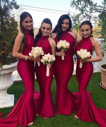Dark Red New Sexy Cheap Mermaid Bridesmaid Dresses Halter Neck Long Sweep Train Wedding Party Formal Gowns Maid Of Honor Dress