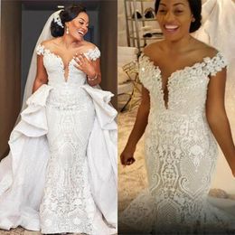 2020 Lace Applique Dresses Mermaid Detachable Cathedral Train Sequins Tiered Skirt Off the Shoulder Wedding Bridal Gowns