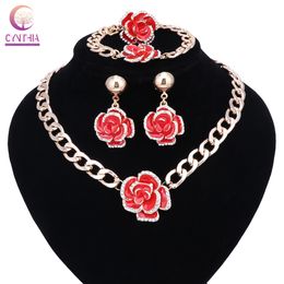 Women Wedding Fashion Crystal Enamel Flower Gold Color African Beads Vintage Party Statement Necklace Accessories Jewelry Sets