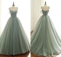 Mint Green Pleated Empire Waist Prom Sweet 16 Dresses 2019 Spaghetti Straps Draped Tulle Quinceanera Dress Vestidos De Novia Evening Gowns