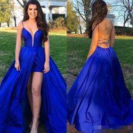Prom Royal Blue Dresses Sexy Plunging Sheer V Neck Spaghetti Straps Satin Overskirt Backless Custom Made Evening Party Gown Formal Wear