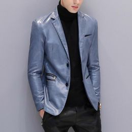 Men's Fur & Faux Men Leather Jacket Blue Black Suit Blazer Mens Jackets And Coats Winter Casual Formal Spring Autumn Male Brand Clothing