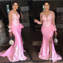 New Pink Mermaid Side Split Prom Dresses Sheer Neck Long Sleeves Satin Evening Gowns Prom Gowns Custom Made