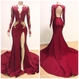 Sexy Backless Deep V-Neck Prom Dresses Mermaid Long Sleeve Split Lace Cheap Party African Formal Evening Dresses Gowns Robe De Soiree Custom