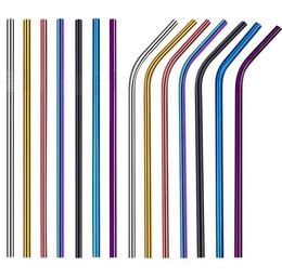 266x6MM Colourful 304 Stainless Steel Straws 10.5 Reusable Straight Bent Metal Drinking Straw Cleaner Brush Set Party Bar Accessory