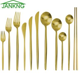 JANKNG 6Pcs Gold Stainless Steel Dinnerware Sets Forks Knives Chopsticks Little Spoon for Coffee Kitchen Tableware Party Accessory
