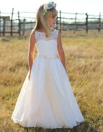 Sheer Neck Ivory Lace Flower Girl Dress with Bow Sash Junior Bridesmaid Dresses with Overlay Skirt First Communion Dress