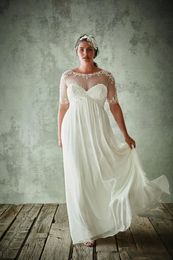 Plus Size Wedding Dresses With Half Sleeves Sheer Jewel Neck A Line Lace Applique Bridal Gowns Chiffon Empire Waist Wedding Dress2047