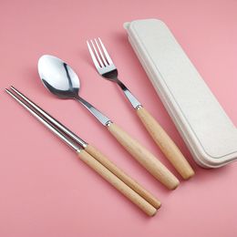 Wooden Handle Dinnerware Set Japanese Style Picinc Outdoor Travel Stainless Steel Tableware Cutlery Fast Shipping ZC1667