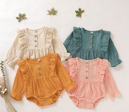 Baby girl Designer Clothes Romper Infant Ruffles Design Long Sleeve Round collar Solid Color Romper 100% cotton Spring fall Clothing romper
